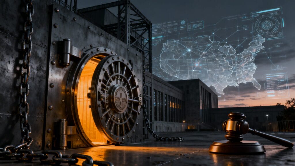 A large open bank vault with a glowing interior, a judge’s gavel in the foreground, and a digital map of the United States displayed in the background.