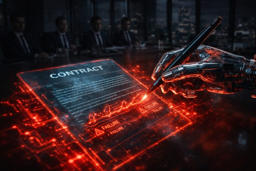 A robotic hand signs a glowing digital contract labeled “FAILURE,” in a dark conference room with blurred people in the background.